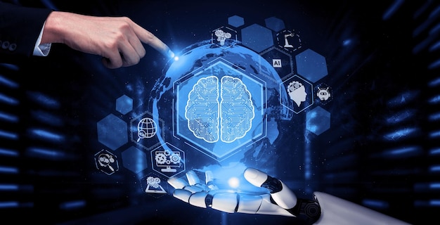 Representación 3D de inteligencia artificial Investigación de IA del desarrollo de robots y cyborgs para el futuro de las personas que viven Minería de datos digitales y diseño de tecnología de aprendizaje automático para el cerebro de la computadora