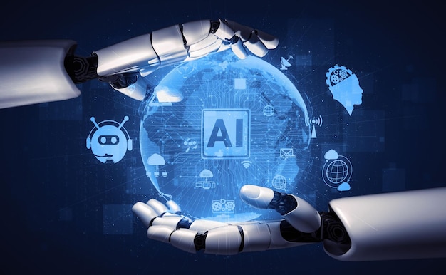 Representación 3D de inteligencia artificial Investigación de IA del desarrollo de robots y cyborgs para el futuro de las personas que viven Minería de datos digitales y diseño de tecnología de aprendizaje automático para el cerebro de la computadora