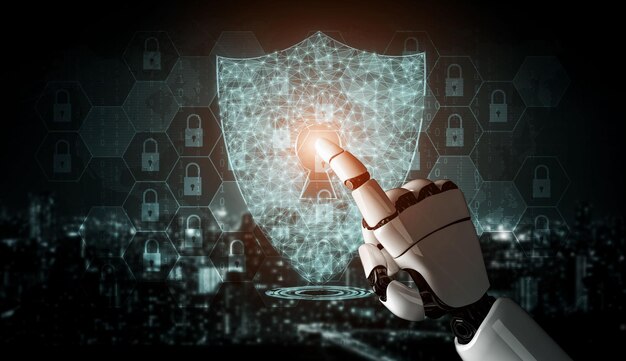 Representación 3D de inteligencia artificial Investigación de IA del desarrollo de robots y cyborgs para el futuro de las personas que viven Minería de datos digitales y diseño de tecnología de aprendizaje automático para el cerebro de la computadora