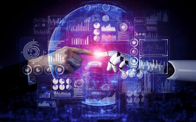Representación 3D inteligencia artificial Investigación de IA del desarrollo de robots y cyborgs para el futuro de las personas que viven Minería de datos digitales y diseño de tecnología de aprendizaje automático para el cerebro de la computadora