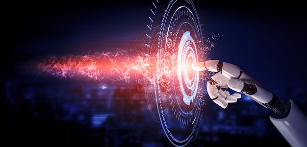 Representación 3D de inteligencia artificial Investigación de IA del desarrollo de robots y cyborgs para el futuro de las personas que viven Minería de datos digitales y diseño de tecnología de aprendizaje automático para el cerebro de la computadora