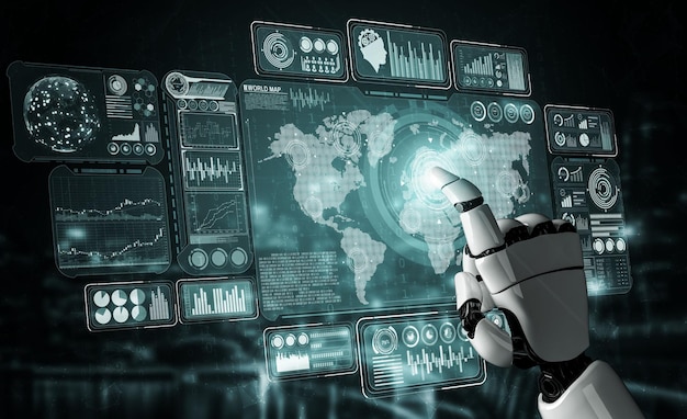 Representación 3D de inteligencia artificial Investigación de IA del desarrollo de robots y cyborgs para el futuro de las personas que viven Minería de datos digitales y diseño de tecnología de aprendizaje automático para el cerebro de la computadora