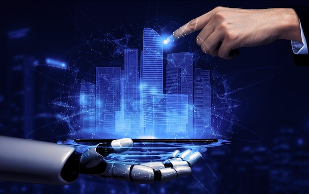 Representación 3D de inteligencia artificial Investigación de IA del desarrollo de robots y cyborgs para el futuro de las personas que viven Minería de datos digitales y diseño de tecnología de aprendizaje automático para el cerebro de la computadora