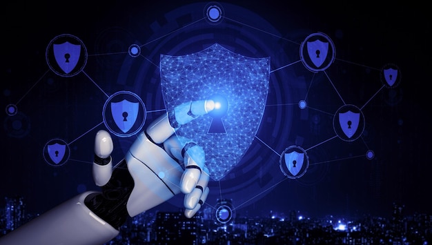 Representación 3D de inteligencia artificial Investigación de IA del desarrollo de robots y cyborgs para el futuro de las personas que viven Minería de datos digitales y diseño de tecnología de aprendizaje automático para el cerebro de la computadora