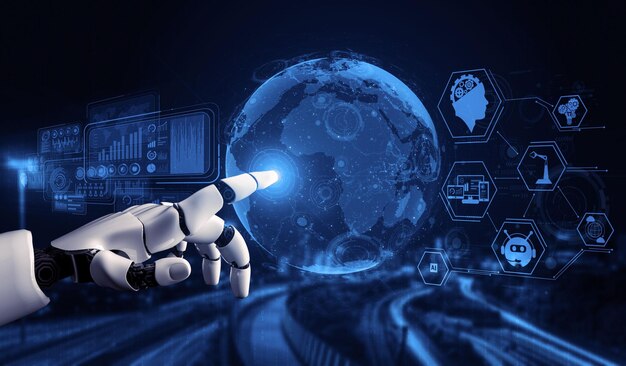 Representación 3D de inteligencia artificial Investigación de IA del desarrollo de robots y cyborgs para el futuro de las personas que viven Minería de datos digitales y diseño de tecnología de aprendizaje automático para el cerebro de la computadora