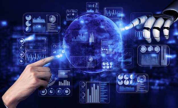 Representación 3D de inteligencia artificial Investigación de IA del desarrollo de robots y cyborgs para el futuro de las personas que viven Minería de datos digitales y diseño de tecnología de aprendizaje automático para el cerebro de la computadora