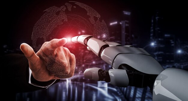 Representación 3D de inteligencia artificial Investigación de IA del desarrollo de robots y cyborgs para el futuro de las personas que viven Minería de datos digitales y diseño de tecnología de aprendizaje automático para el cerebro de la computadora