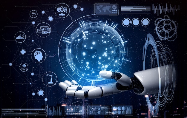 Representación 3D de inteligencia artificial Investigación de inteligencia artificial del desarrollo de robots y cyborg para el futuro de las personas que viven