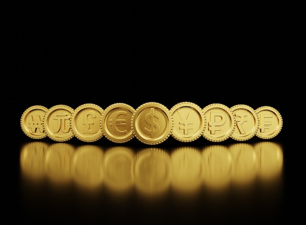 Foto representación 3d del intercambio de monedas de oro incluyen dólar yen libra euro yuan won en el mundo sobre fondo negro y copie el espacio, el comercio de forex y el concepto de inversión.