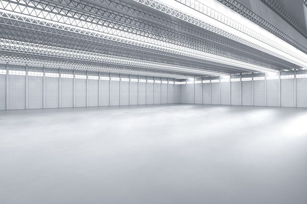 Representación 3d interior blanco y limpio fábrica o almacén vacío