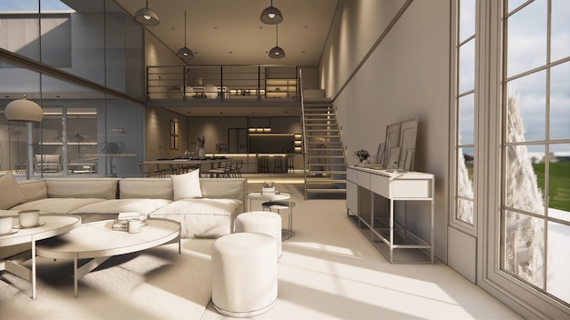 Representación 3d Interior casa moderna sala de estar abierta con cocina Estilo loft Apartamento dúplex residencia Decoración del hogar diseño de interiores de lujo