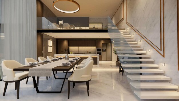 Representación 3d Interior casa moderna sala de estar abierta con cocina Estilo moderno de lujo Apartamento dúplex residencia Decoración del hogar diseño de interiores de lujo