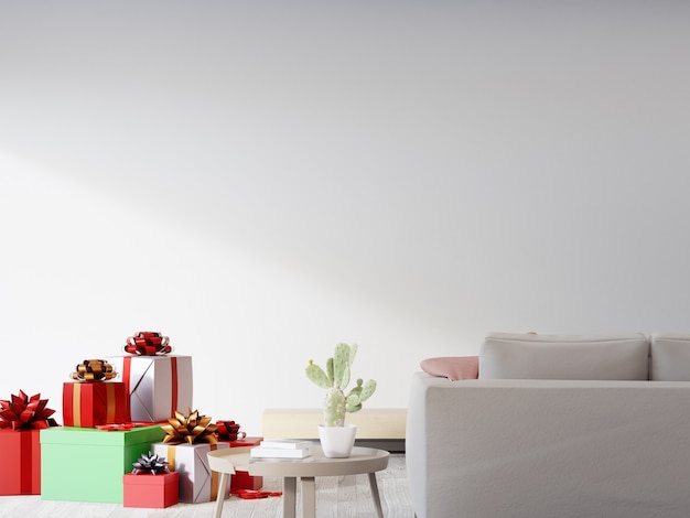 Representación 3d interior de una casa con regalo de Navidad