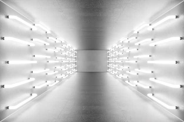 Representación 3D del interior de la habitación abstracta con luces de neón. Fondo de arquitectura futurista. Maqueta para su proyecto de diseño.