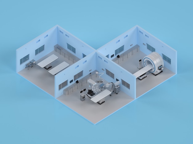 Representación 3D interior del hospital o interior del laboratorio isométrico