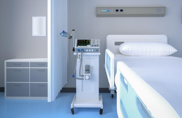 Representación 3D del interior del hospital en la sala de recuperación o de hospitalización con cama y máquina de ventilación