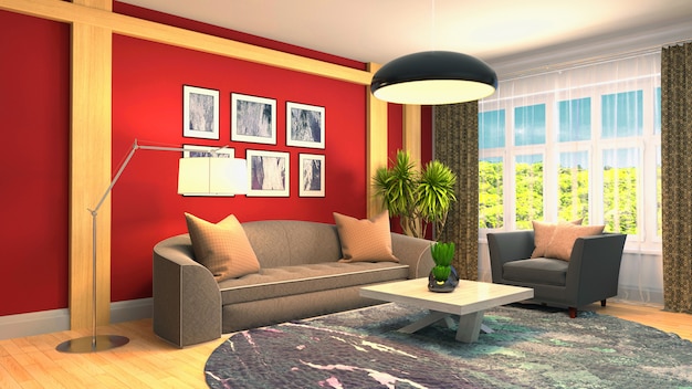 Representación 3D del interior de la sala de estar