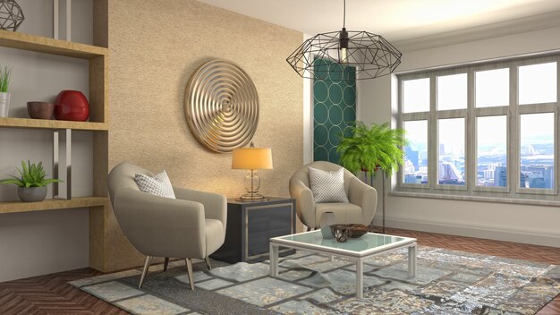 Representación 3D del interior de la sala de estar