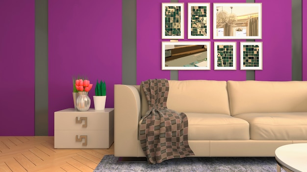 Representación 3D del interior de la sala de estar