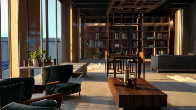 Representación 3D de interiores modernos y luminosos de la sala de estar