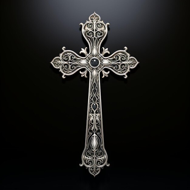 Representación 3D de una intrincada cruz de plata con decoración de filigrana adornada Polis Viernes Santo Palma de Pascua