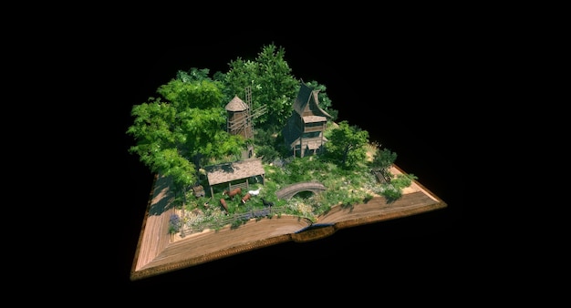 Representación 3D Isla flotante de fantasía con árbol natural en la roca paisaje flotante surrealista con concepto de paraíso
