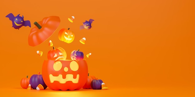 Representación 3d Jack O Lantern con murciélago y maíz dulce sobre fondo naranja