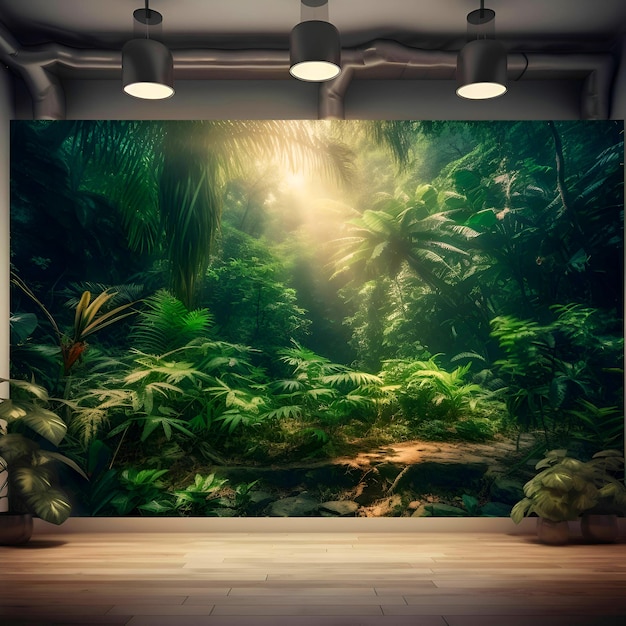 Representación 3D de jardín tropical verde con luz solar brillando a través de la ventana