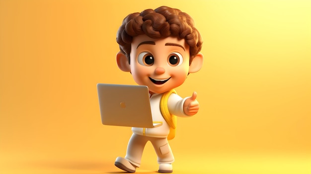 Una representación 3D de un joven y alegre personaje 3D comenzando el día de pie con una computadora portátil en la mano
