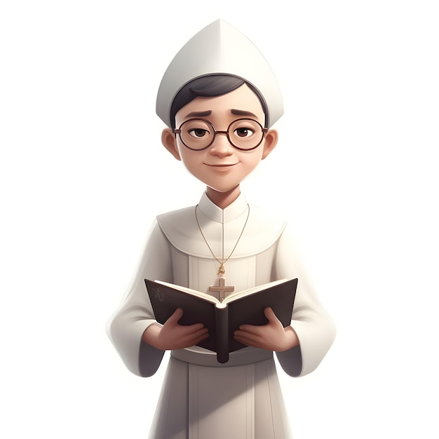 Representación 3d de un joven sacerdote católico leyendo una santa biblia