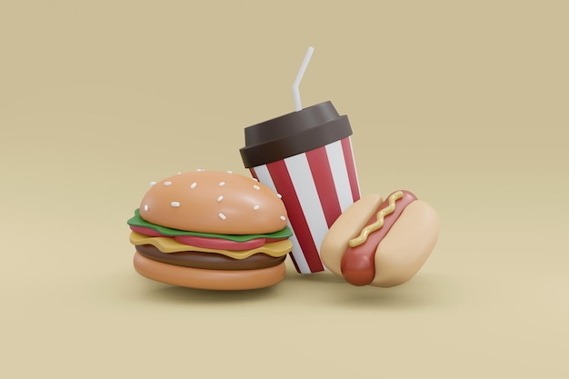 La representación 3D del juego de bocadillos americanos incluye una taza de refresco, un perro caliente y una hamburguesa en el fondo. Ilustración de procesamiento 3D.