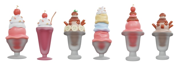 Foto representación 3d de un juego de vasos de helado sundae muchos sabores aislados en blanco estilo de dibujos animados de renderizado 3d