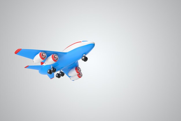 Representación 3D de juguete avión volador en miniatura azul sobre un fondo blanco aislado