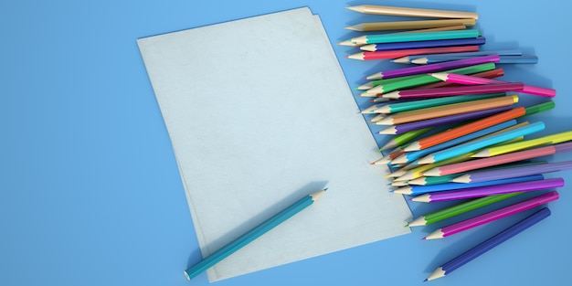 Representación 3D de lápices multicolores, una página en blanco sobre un fondo azul.