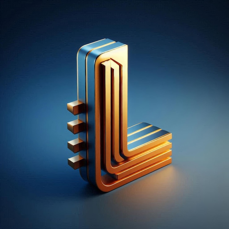 Foto una representación 3d de la letra 39l39 con un esquema de colores dorado y azul sobre un fondo azul