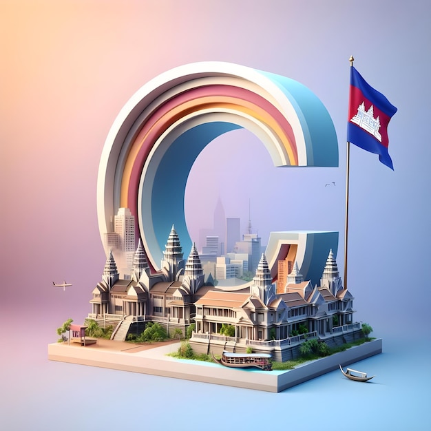 Representación 3D de la letra C en el colorido telón de fondo de la capital y la bandera de Camboya