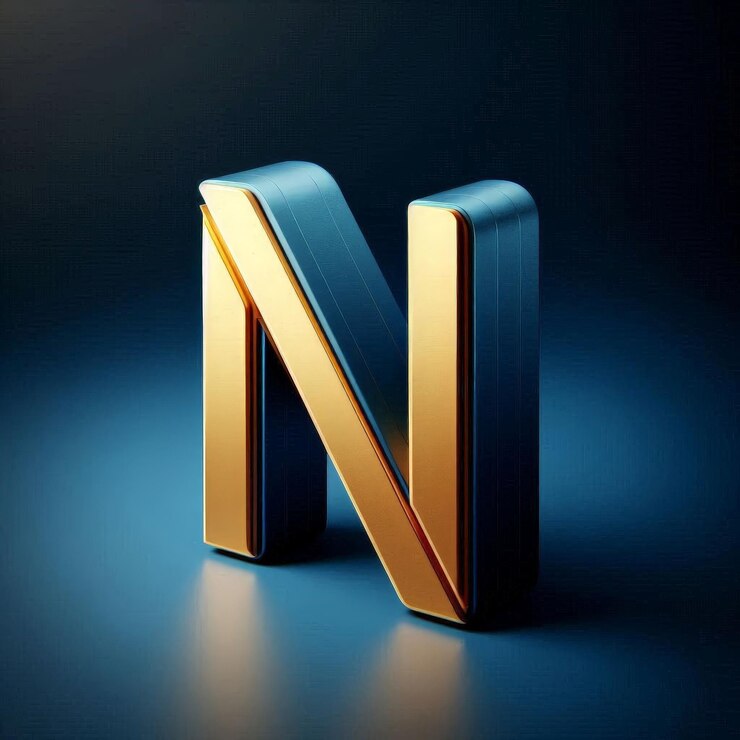 Foto una representación en 3d de una letra dorada n con un contorno azul sobre un fondo azul oscuro