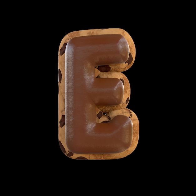 Representación 3d de la letra E recreando una galleta con chocolate encima