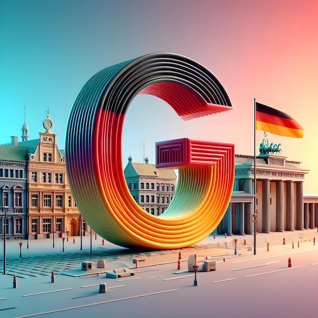 Representación 3D de la letra G en el colorido telón de fondo de la capital y la bandera de Alemania