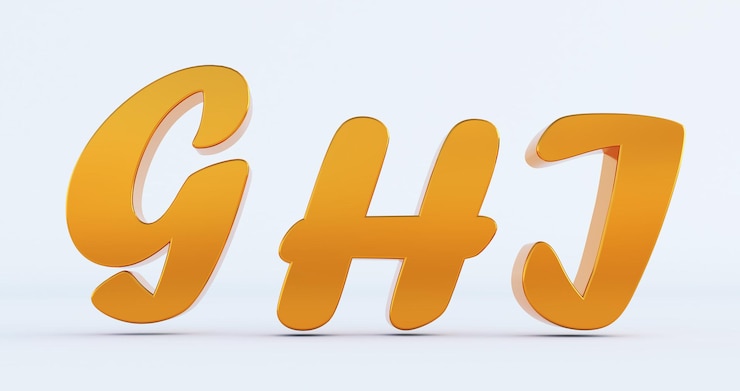 Foto representación 3d de letras ghj doradas aisladas sobre fondo blanco, concepto de educación. g, h, j