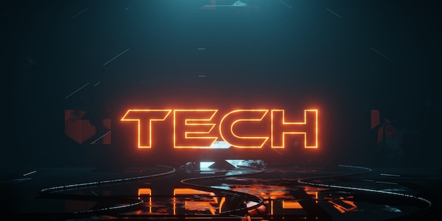 Representación 3D de un letrero de neón con la palabra Tech en el centro Escena abstracta con luz de neón