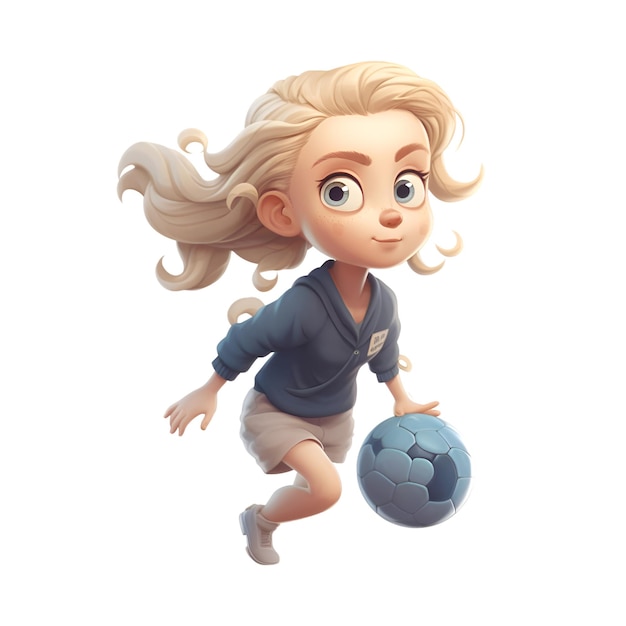 Representación 3D de una linda chica de dibujos animados jugando al fútbol aislada en el fondo blanco