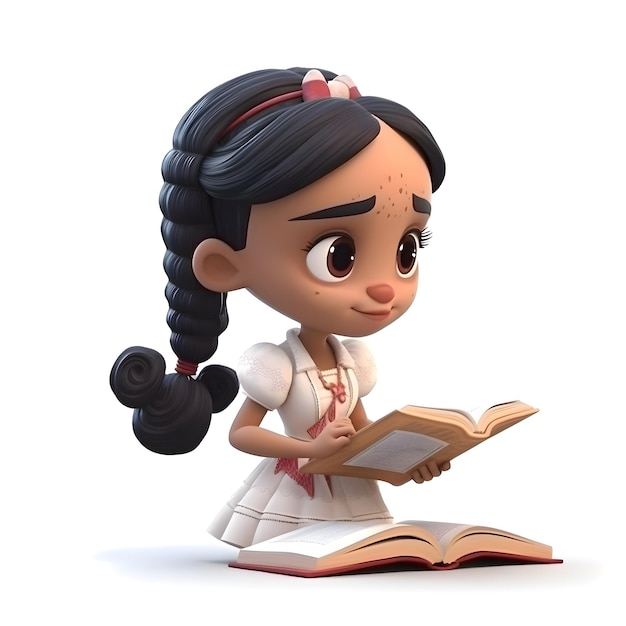 Representación 3D de una linda chica de dibujos animados leyendo un libro Fondo blanco