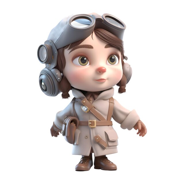 Representación 3D de una linda chica de dibujos animados con sombrero de piloto y gafas