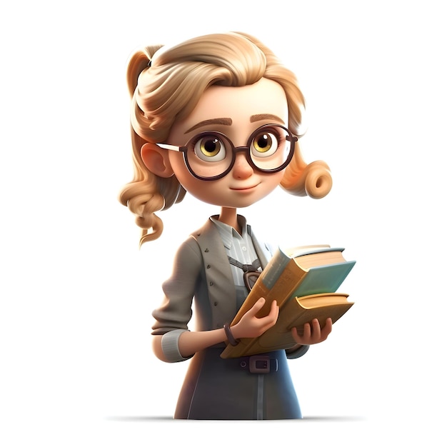 Representación 3D de una linda chica con gafas sosteniendo libros aislado sobre fondo blanco.