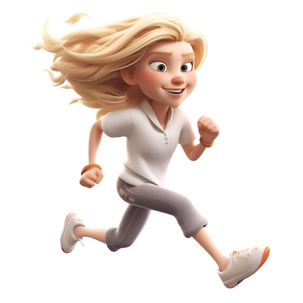 Representación 3D de una linda chica rubia corriendo aislada sobre fondo blanco