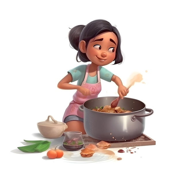 Representación 3D de una linda niña cocinando sopa en una olla