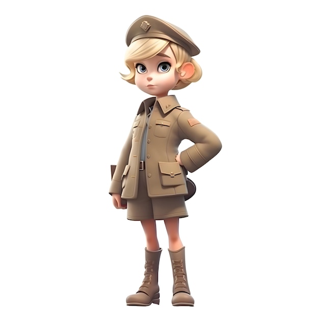 Representación 3D de una linda niña con uniforme militar