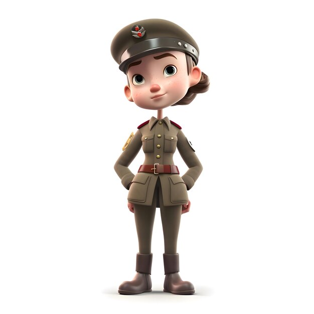 Representación 3D de una linda niña con uniforme de soldado