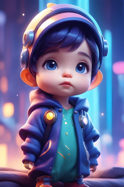 Representación 3D de un lindo niño con una chaqueta azul y auriculares.jpg